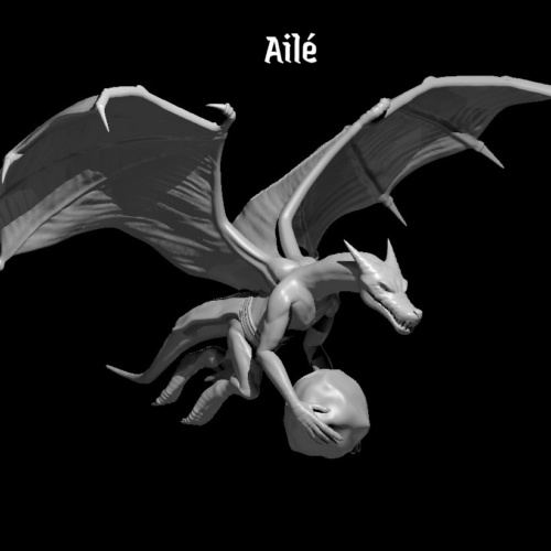 Rendus 3D d'une figurine de Kobold ailé en 28mm