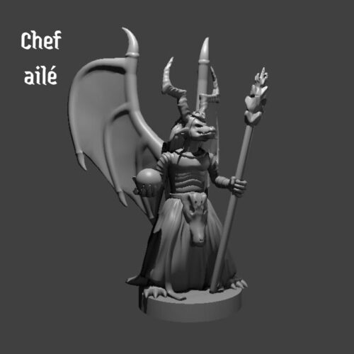 Rendus 3D d'une figurine de chef Kobold ailé en 28mm