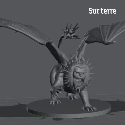 Rendus 3D d'une figurine de manticore sur terre en 28mm