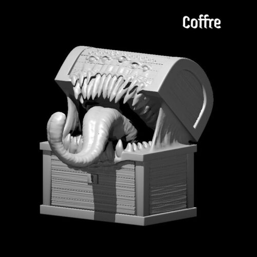 Rendus 3D d'une figurine de mimique version coffre en 28mm