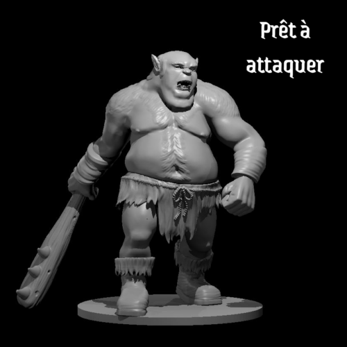 Rendus 3D d'une figurine d'un ogre prêt à attaquer en 28mm