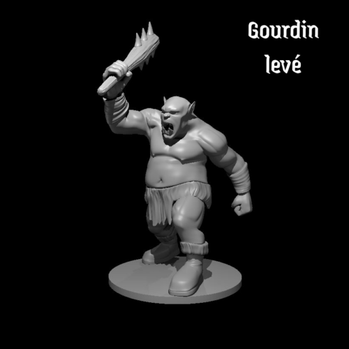 Rendus 3D d'une figurine d'un ogre gourdin levé en 28mm