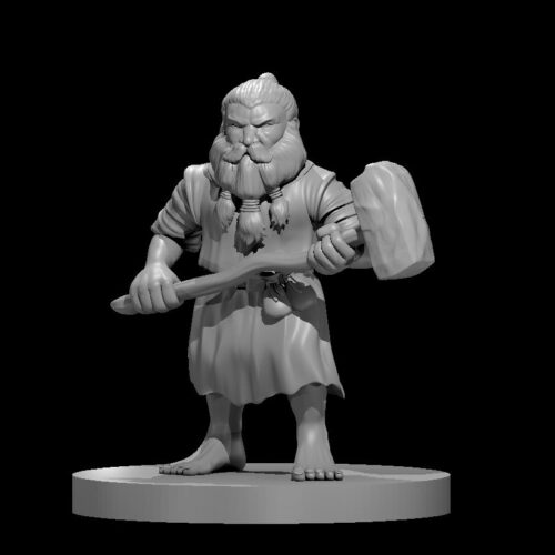 Rendus 3D d'une figurine d'un paysan nain en 28mm