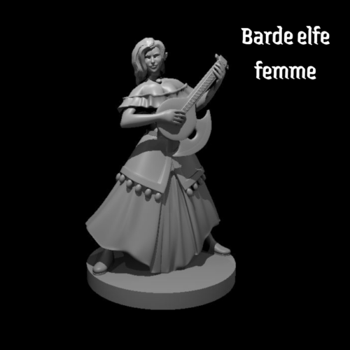 Rendus 3D d'une figurine de barde elfe féminine en 28mm