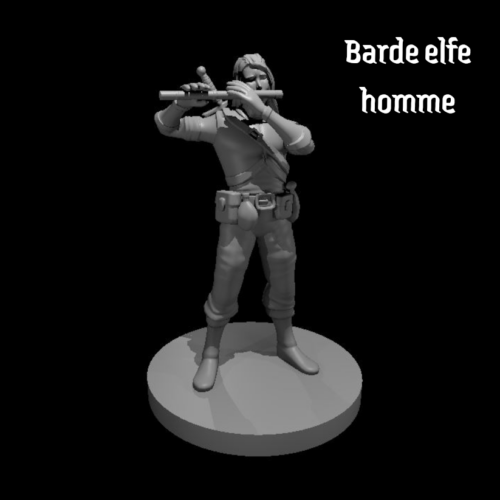 Rendus 3D d'une figurine de barde elfe masculine en 28mm