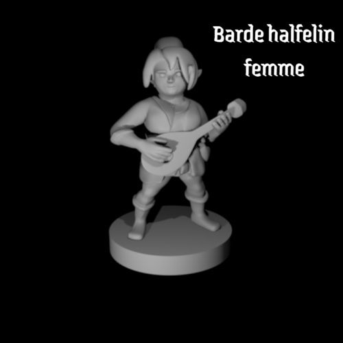 Rendus 3D d'une figurine de barde halfelin féminine en 28mm