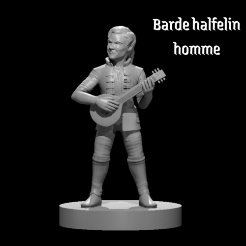 Rendus 3D d'une figurine de barde halfelin masculine en 28mm