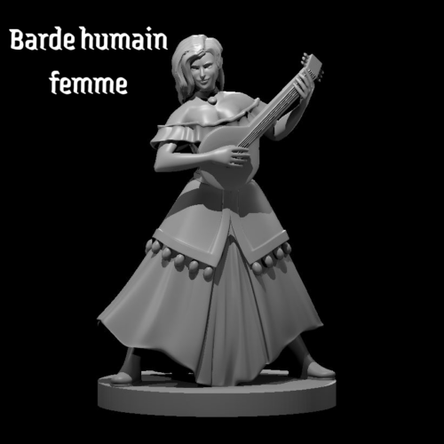 Rendus 3D d'une figurine de barde humain féminine en 28mm
