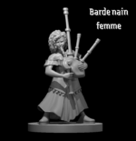 Rendus 3D d'une figurine de barde nain féminine en 28mm