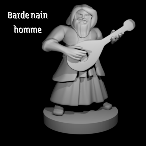 Rendus 3D d'une figurine de barde nain masculine en 28mm