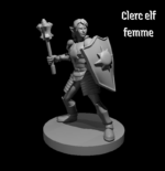 Rendus 3D d'une figurine de clerc elfe féminine en 28mm
