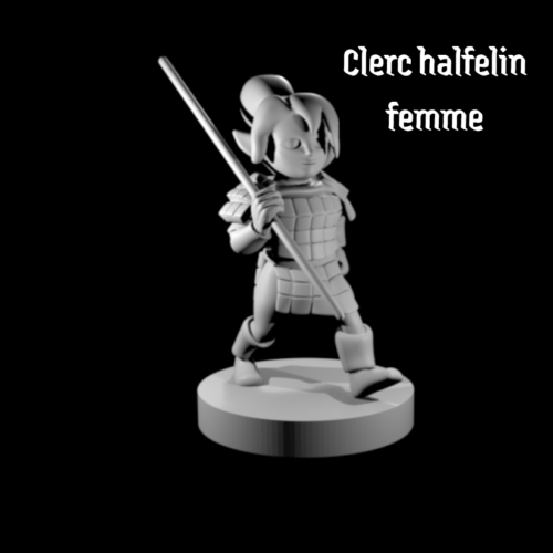 Rendus 3D d'une figurine de clerc halfelin féminine en 28mm