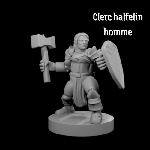 Rendus 3D d'une figurine de clerc halfelin masculine en 28mm