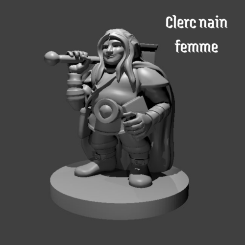 Rendus 3D d'une figurine de clerc nain féminine en 28mm