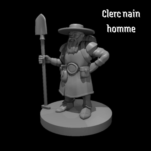Rendus 3D d'une figurine de clerc nain masculine en 28mm