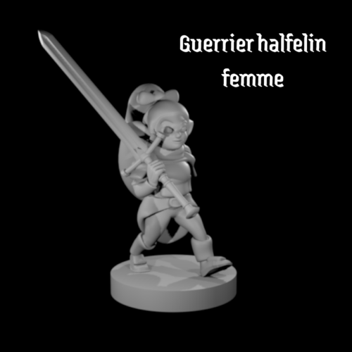 Rendus 3D d'une figurine de guerrier halfelin féminine en 28mm