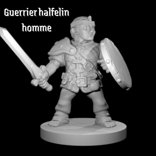 Rendus 3D d'une figurine de guerrier halfelin masculine en 28mm