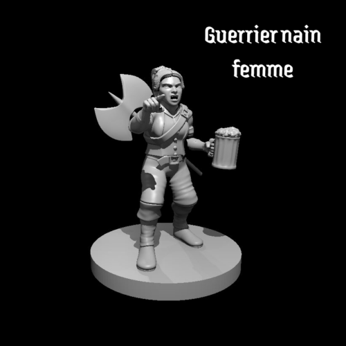 Rendus 3D d'une figurine de guerrier nain féminine en 28mm