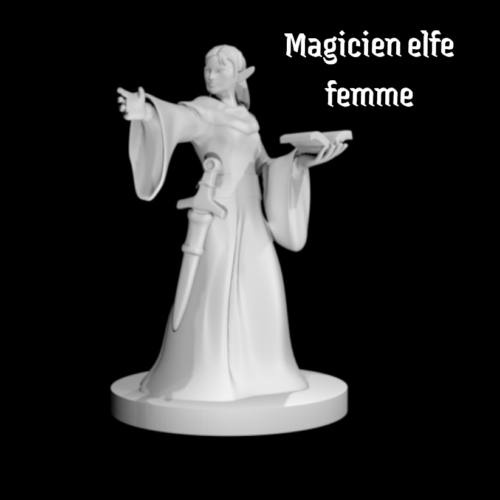 Rendus 3D d'une figurine de magicien elfe féminine en 28mm
