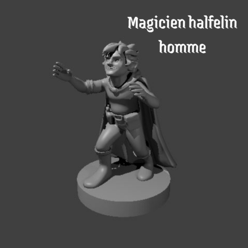 Rendus 3D d'une figurine de magicien halfelin masculine en 28mm