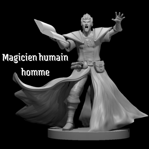 Rendus 3D d'une figurine de magicien humain masculine en 28mm