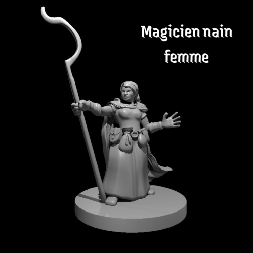 Rendus 3D d'une figurine de magicien nain féminine en 28mm