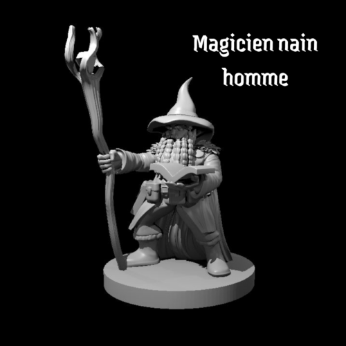 Rendus 3D d'une figurine de magicien nain masculine en 28mm