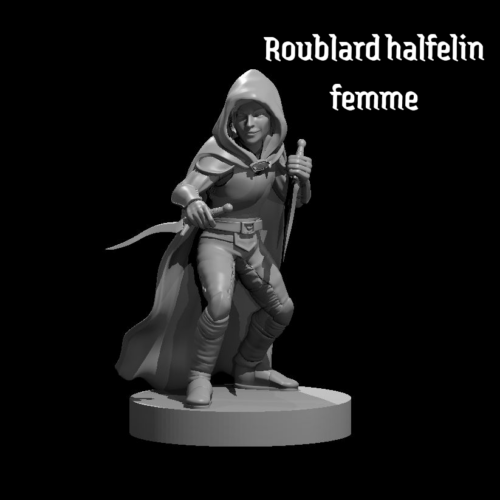 Rendus 3D d'une figurine de roublard halfelin féminine en 28mm