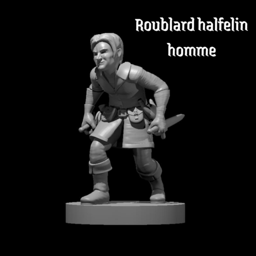 Rendus 3D d'une figurine de roublard halfelin masculine en 28mm